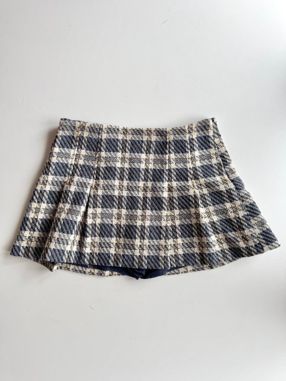 NWT ZARA Plaid Polyester Blend Tweed Pleated Mini Skort Skirt, Size L